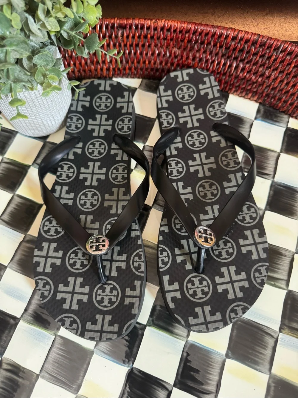 Tory Burch Black and Gray Logo Flip Flops
